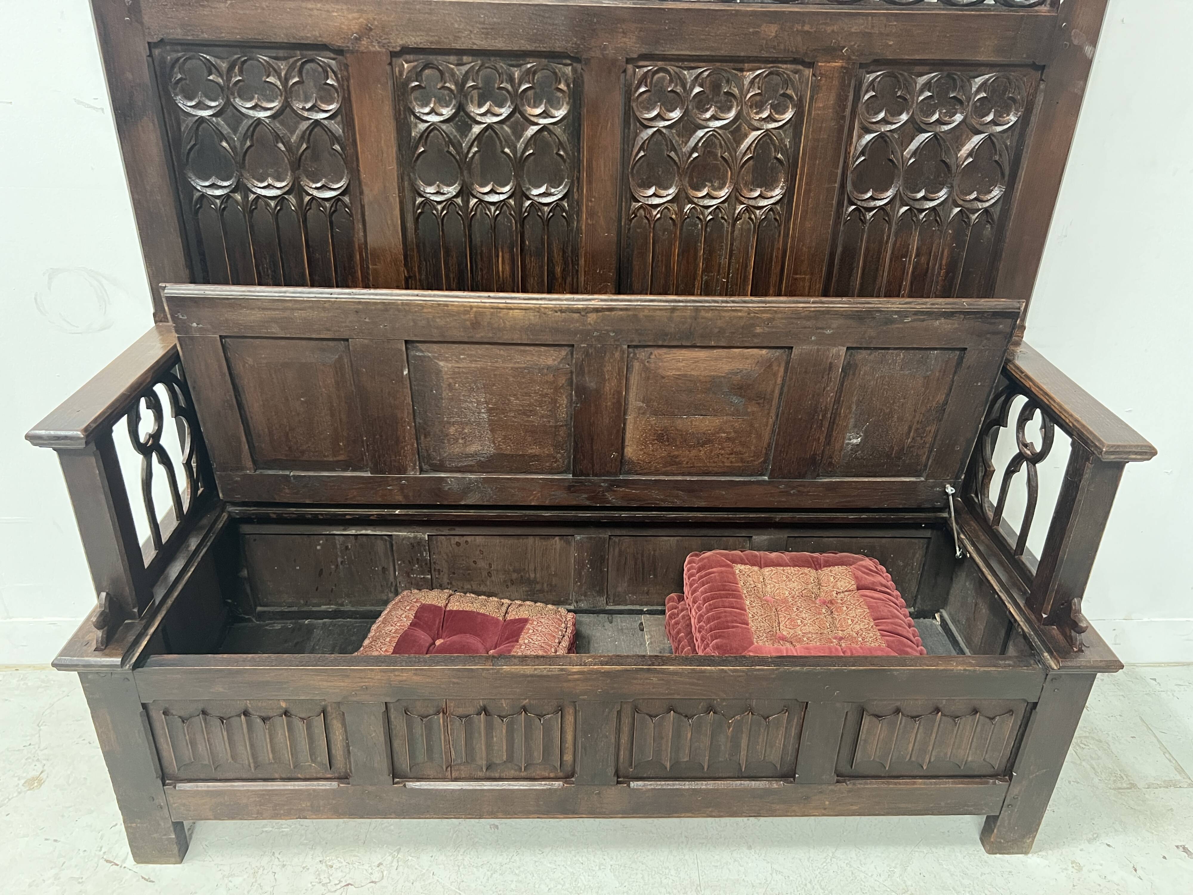 Gothic style carved oak chest bench, 19th century