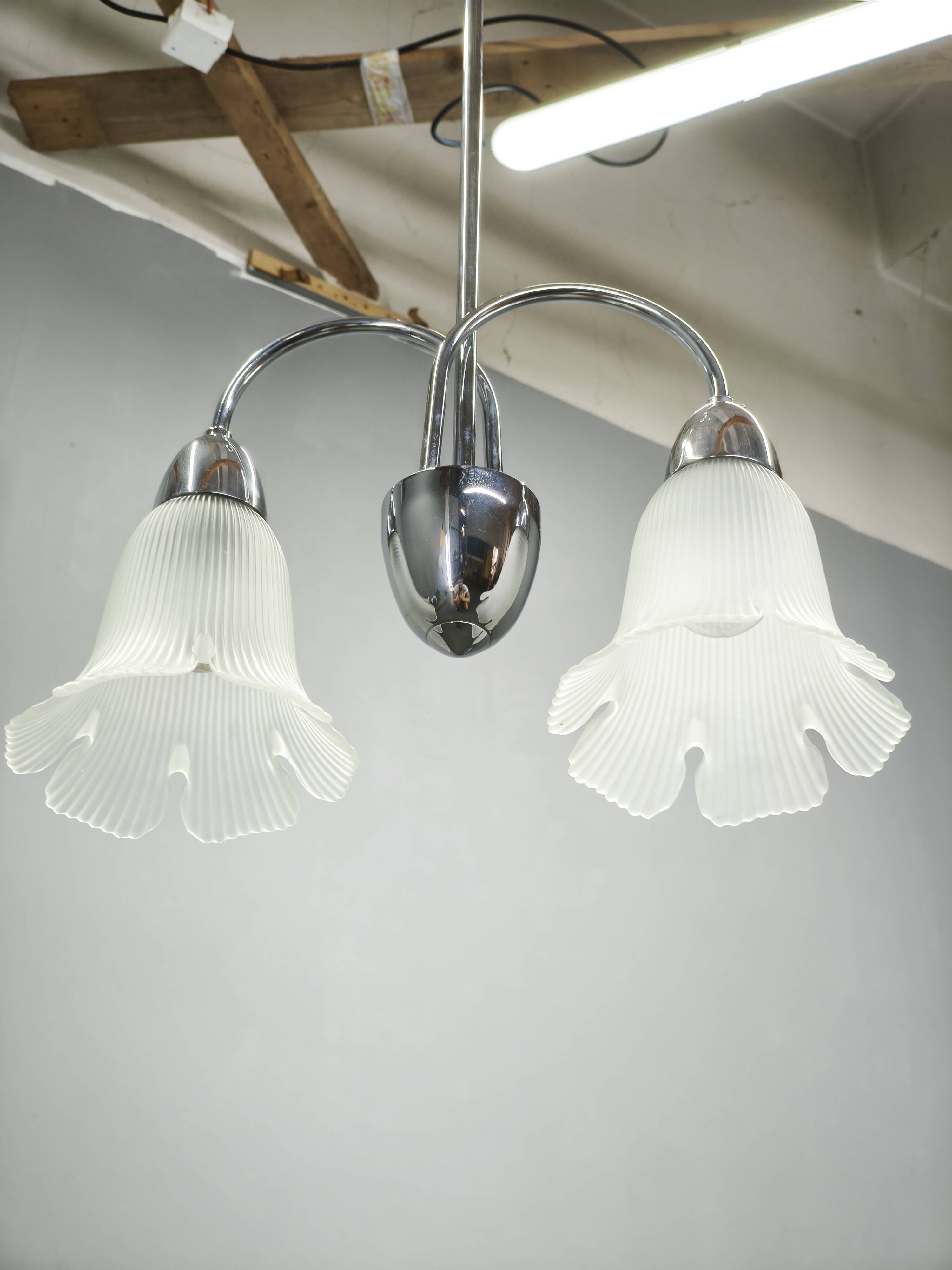 1950s Chrome and Floral Glass Chandelier by Elektroinstala Děčín