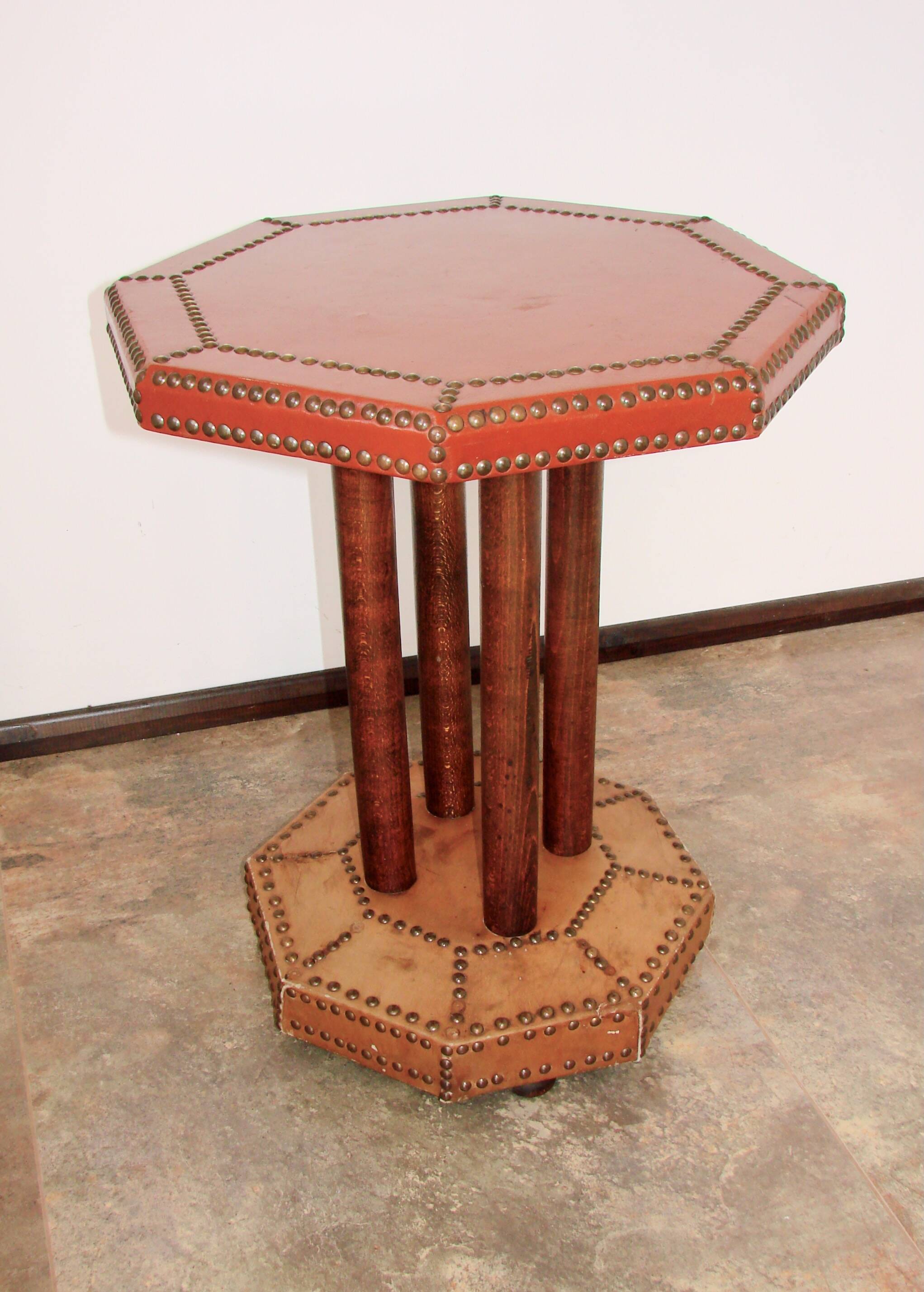 Coffee table, 1920s, beech wood and leather, vintage