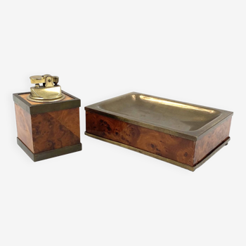 Mid-century Table top smoking set, wood and brass ashtray and table lighter, Italy 1950