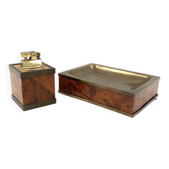 Mid-century Table top smoking set, wood and brass ashtray and table lighter, Italy 1950