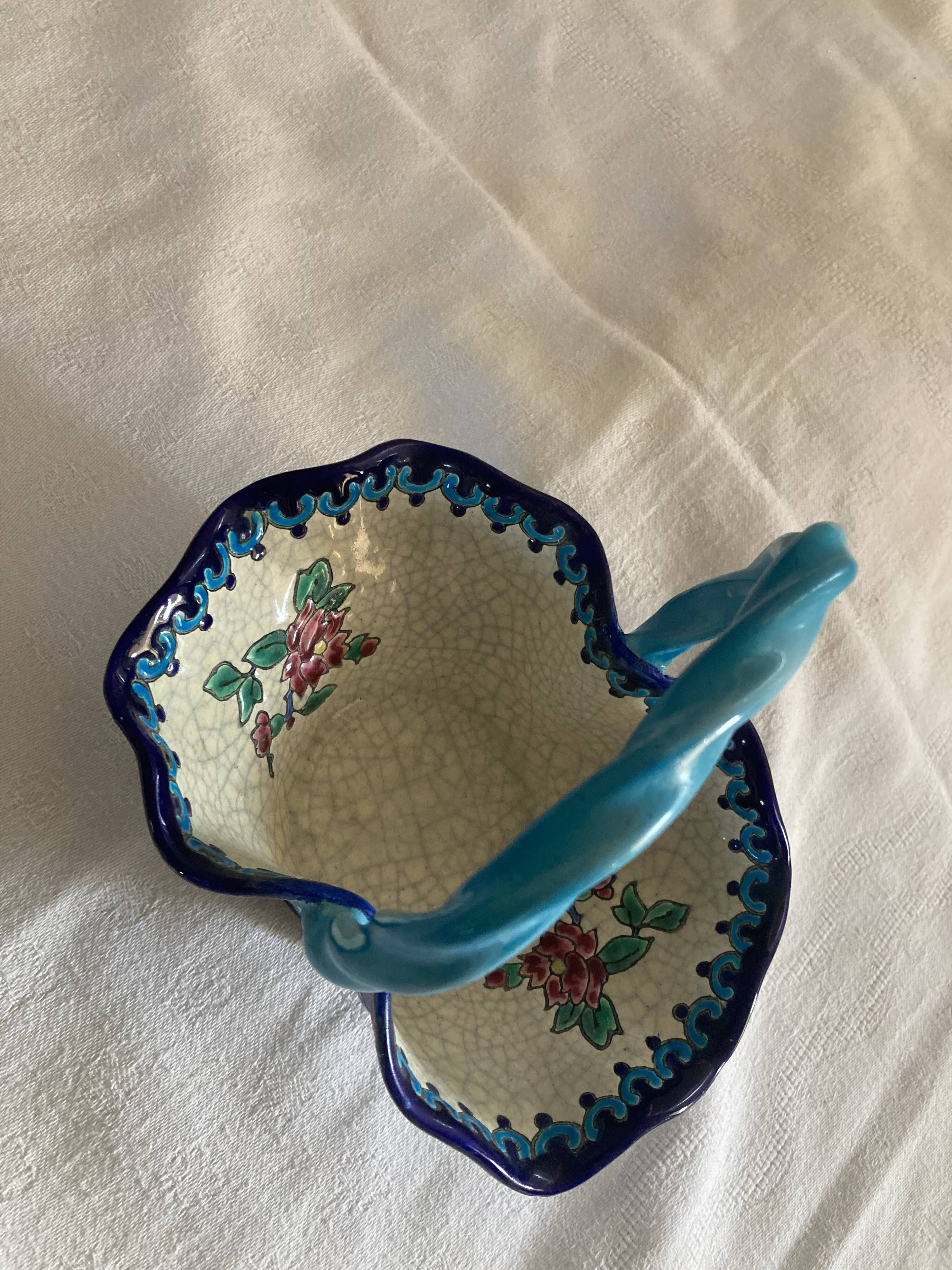 Large Basket Emaux de Longwy F3 B5000 - Twisted Turquoise Handle -