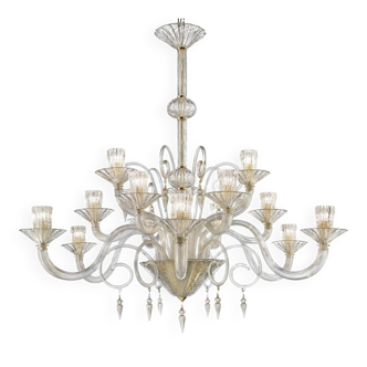 Grand Imperial “Rigadin” Murano Glass Chandelier in Transparent and Gold