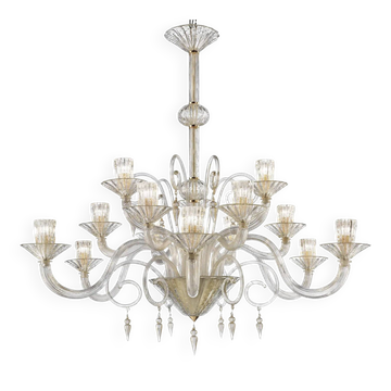 Grand Imperial “Rigadin” Murano Glass Chandelier in Transparent and Gold