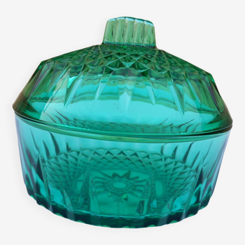 Sucrier ou bonbonnière vintage en verre, Arcoroc, vert émeraude,