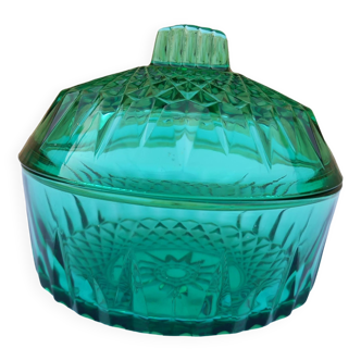 Sucrier ou bonbonnière vintage en verre, Arcoroc, vert émeraude,