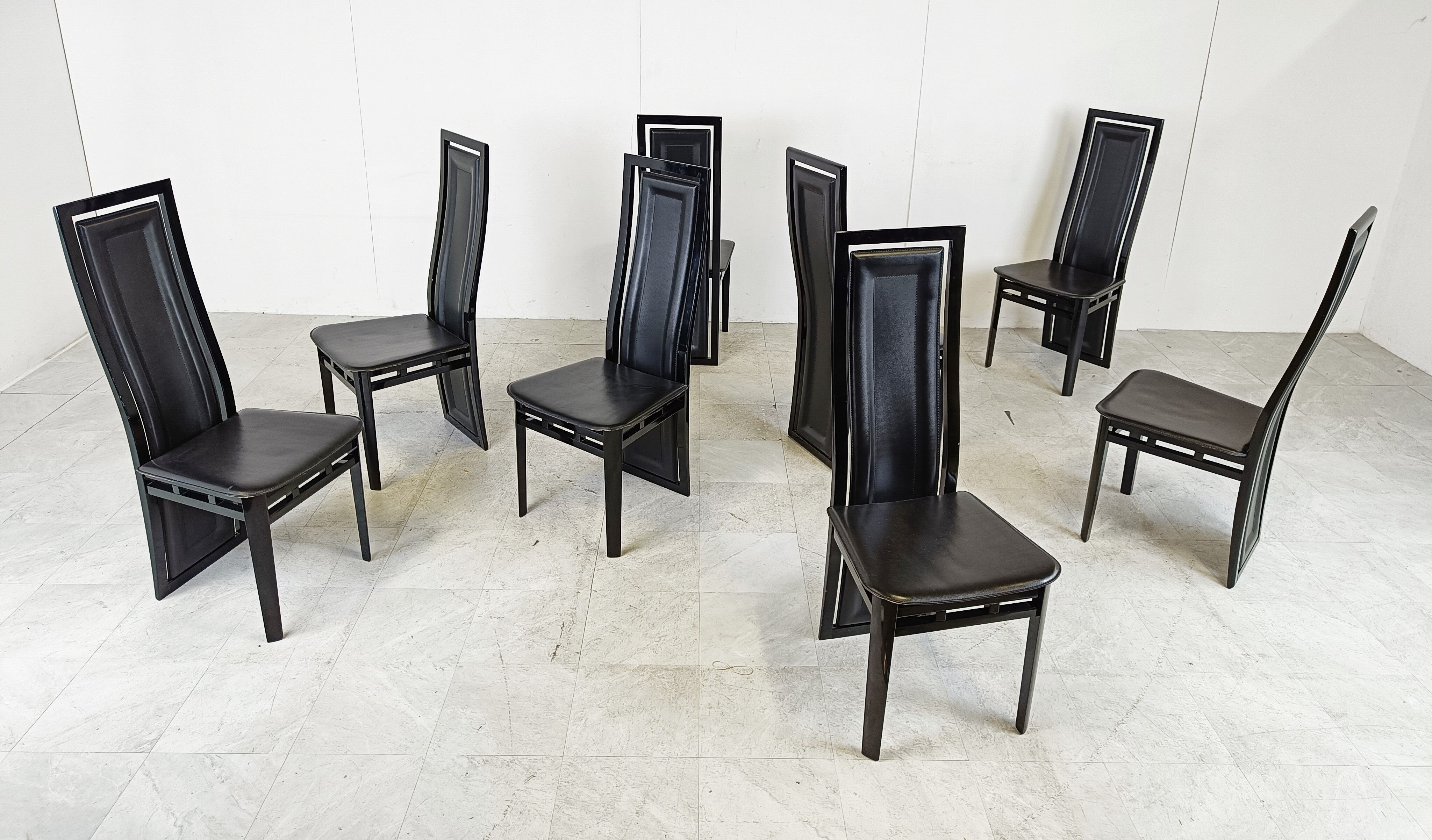 Set of eight Italian lacquered wood and leather modern dining chairs