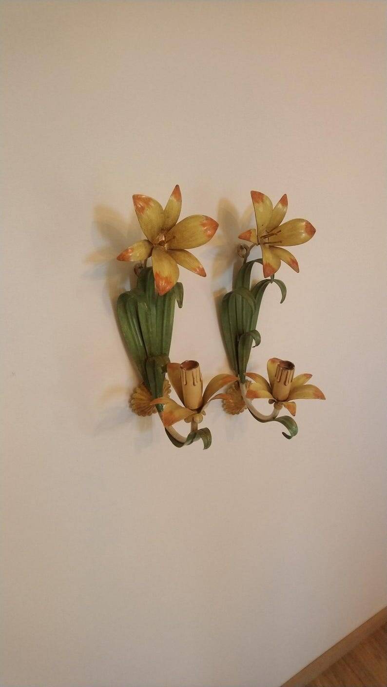 Floral single-arm wall lights, wall sconces, toleware, French vintage enamel.
