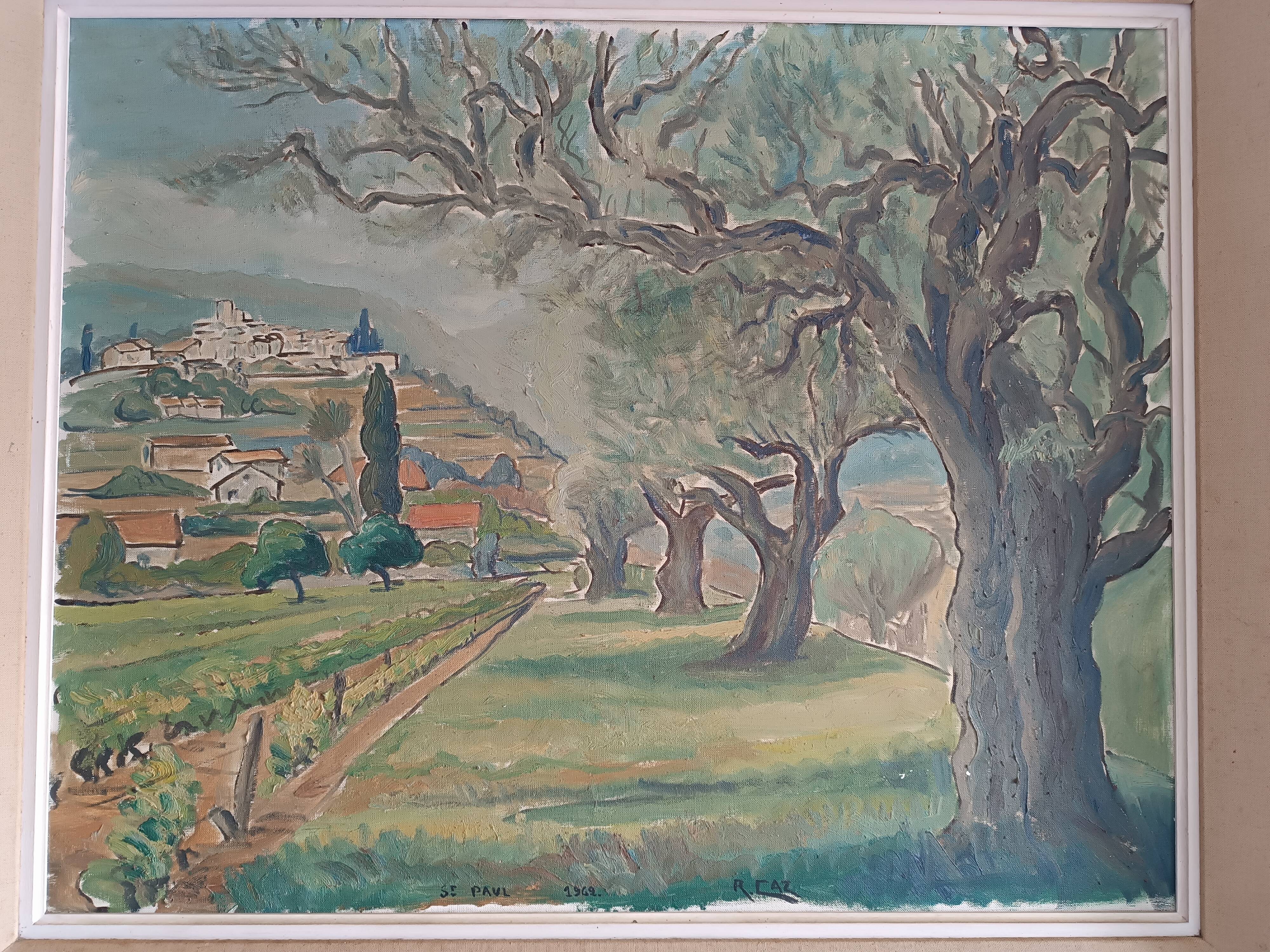 Large oil on canvas landscape of St Paul de Serre signed R. CAZ.