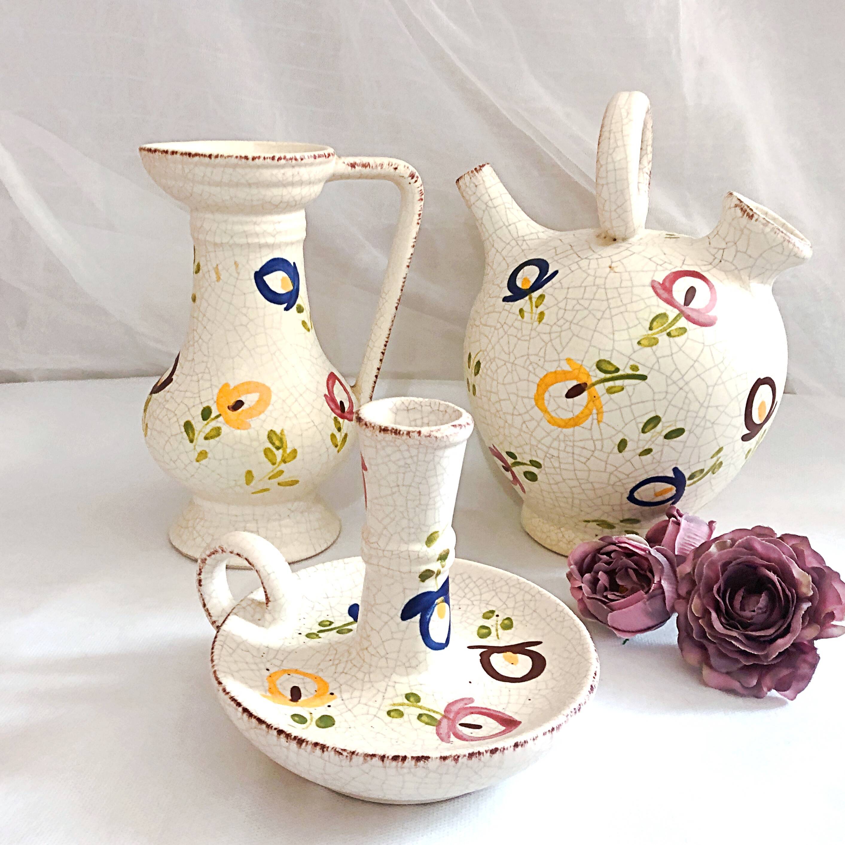 Carafe, gargoulette and candlestick artisanal pottery by Angèle de Poët-Laval