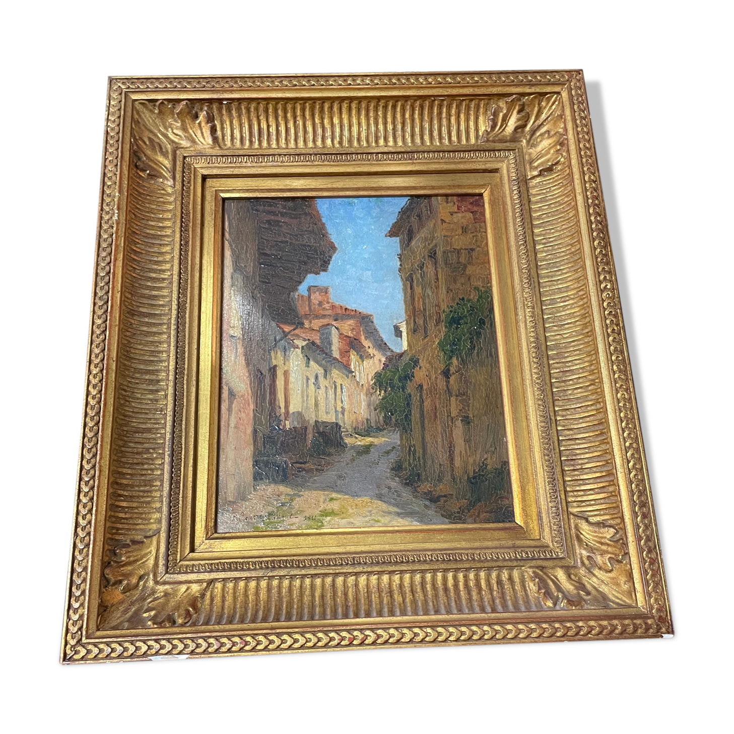 Oil on panel of courregelongue old picturesque street
