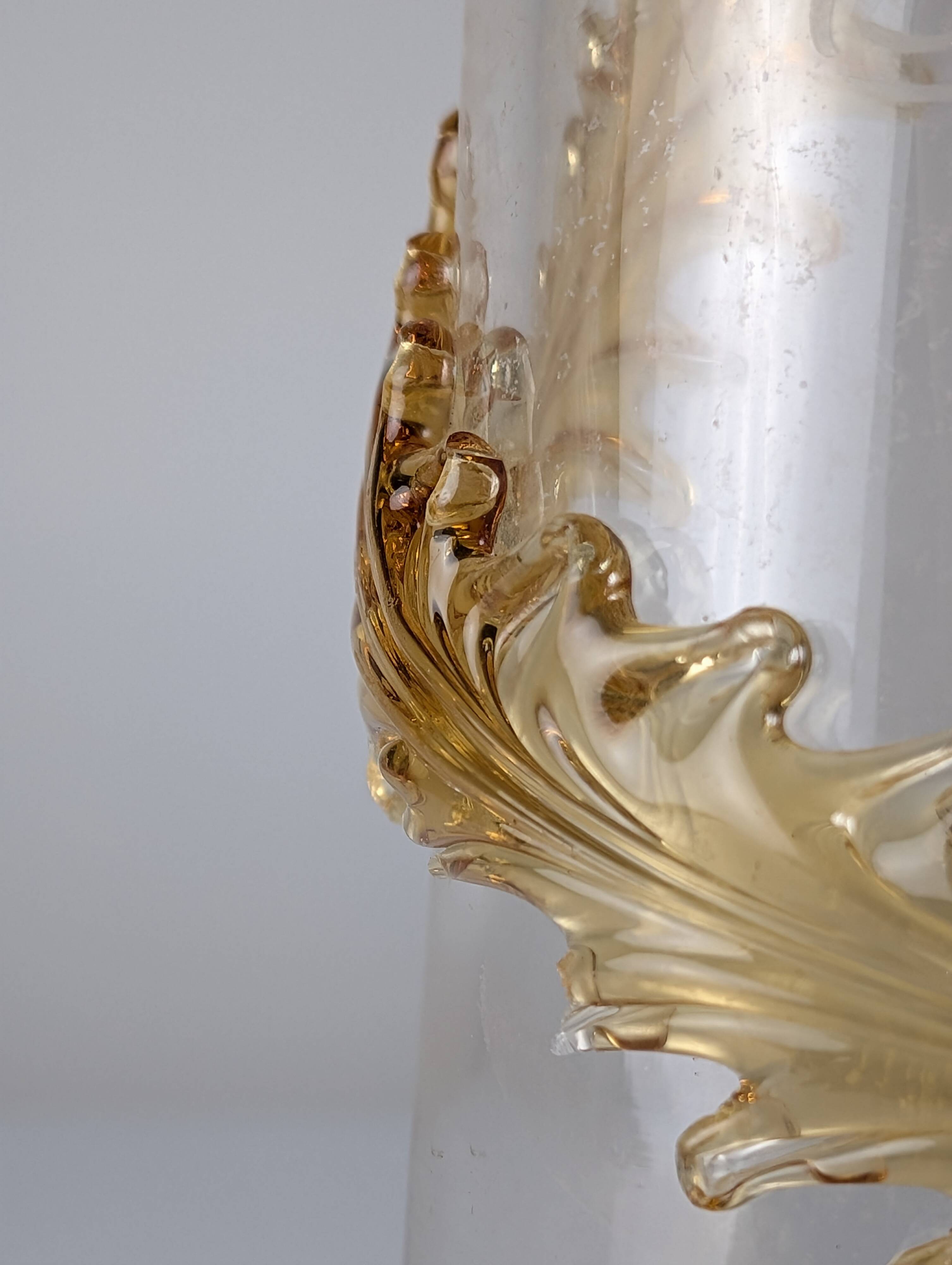 French Art Nouveau Uranium Glass Bottle with Applied Amber Leaves, c. 1900