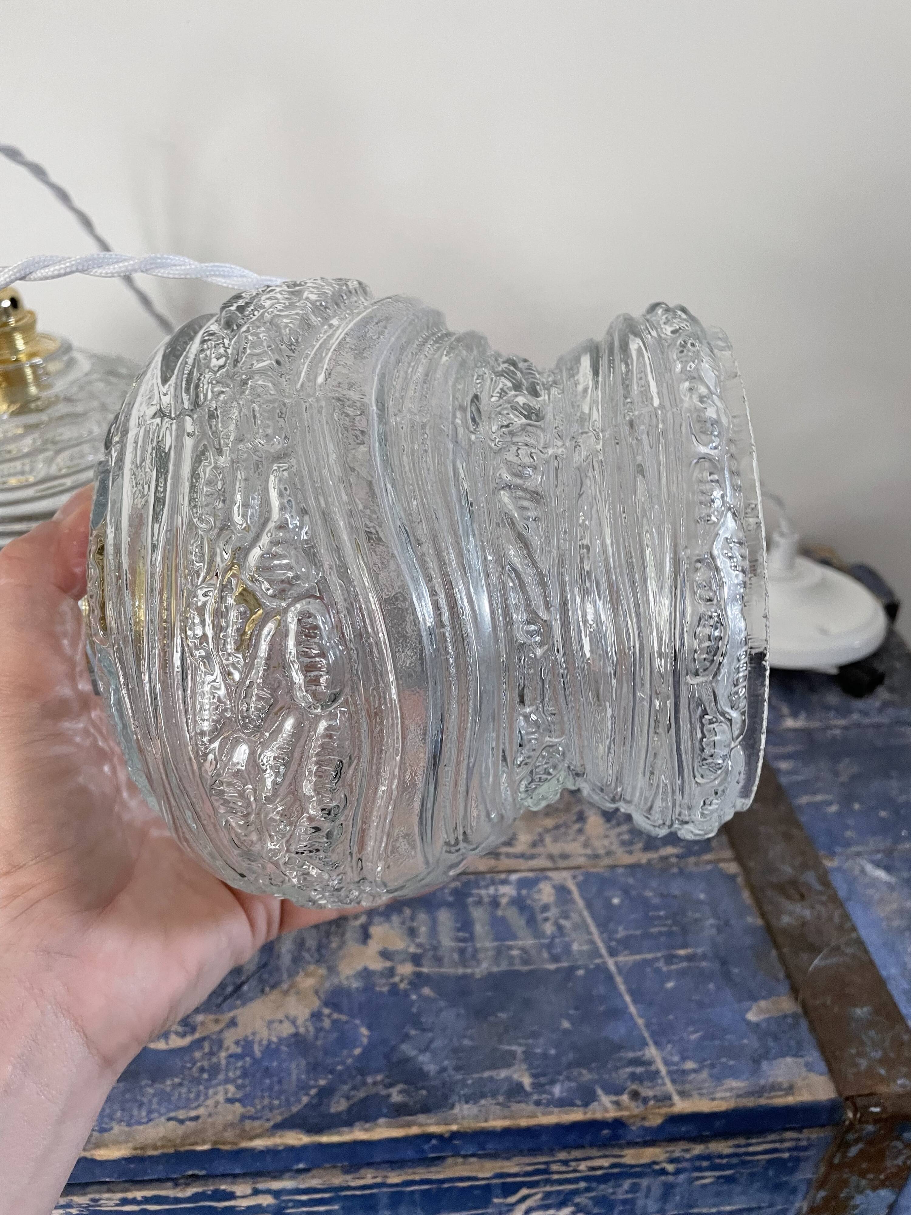 Set of two vintage electrified glass pendant lamps