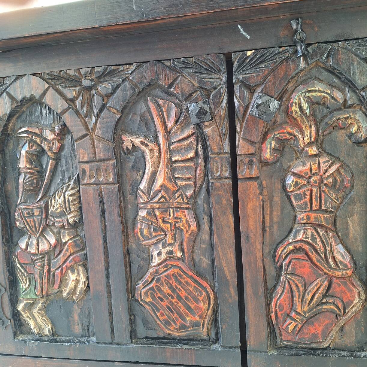 Arts of México Spanish colonial carved  painted console / sideboard, 1940s