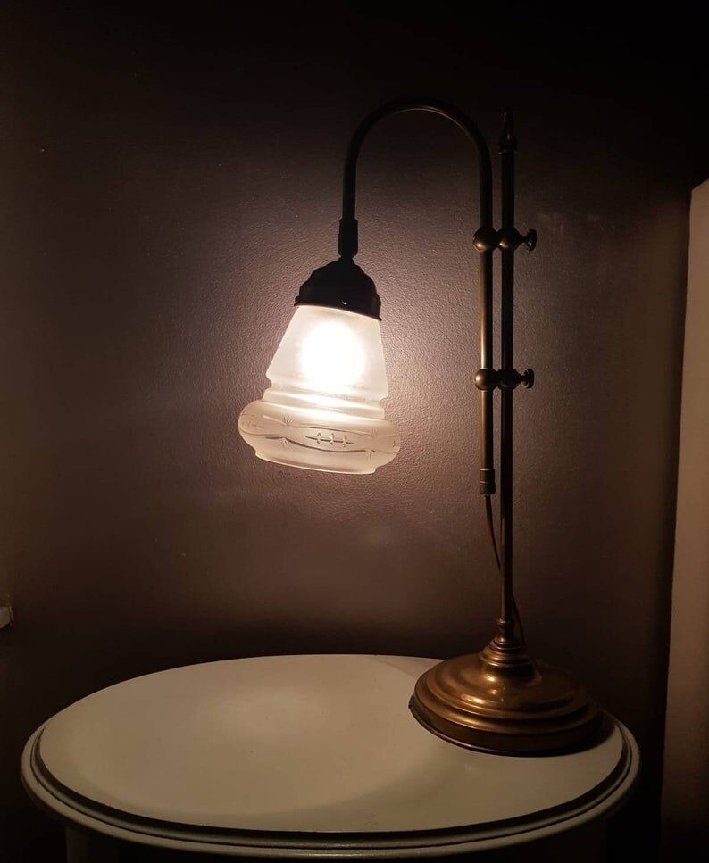 Golden table lamp with 1970 glass lampshade