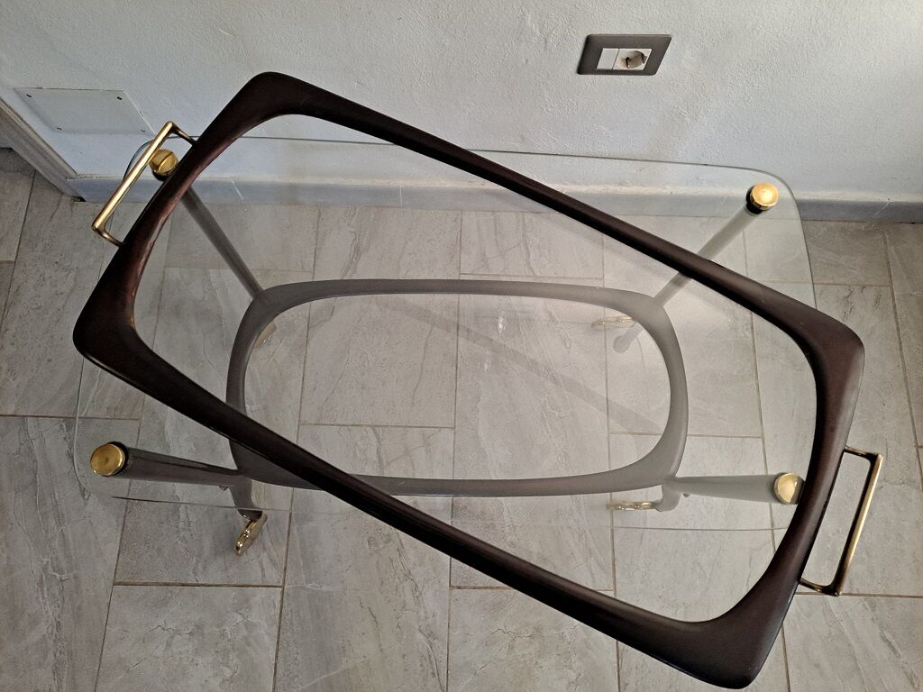 Midcentury mahogany italian bar cart with glass serving tray, 1950s