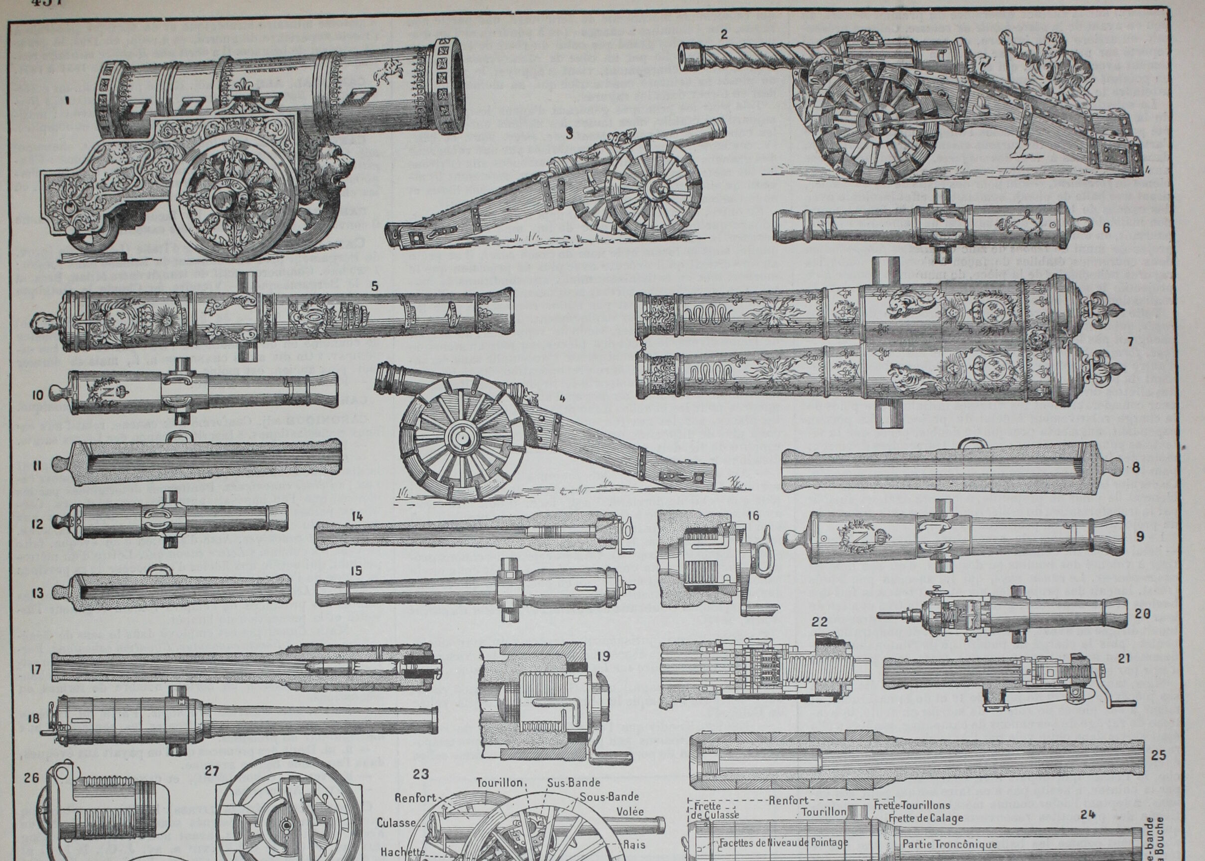 Engraving • antique barrel, mortar, rifle • original lithograph from 1898