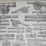Gravure, canon ancien, mortier, fusil • lithographie originale de 1898