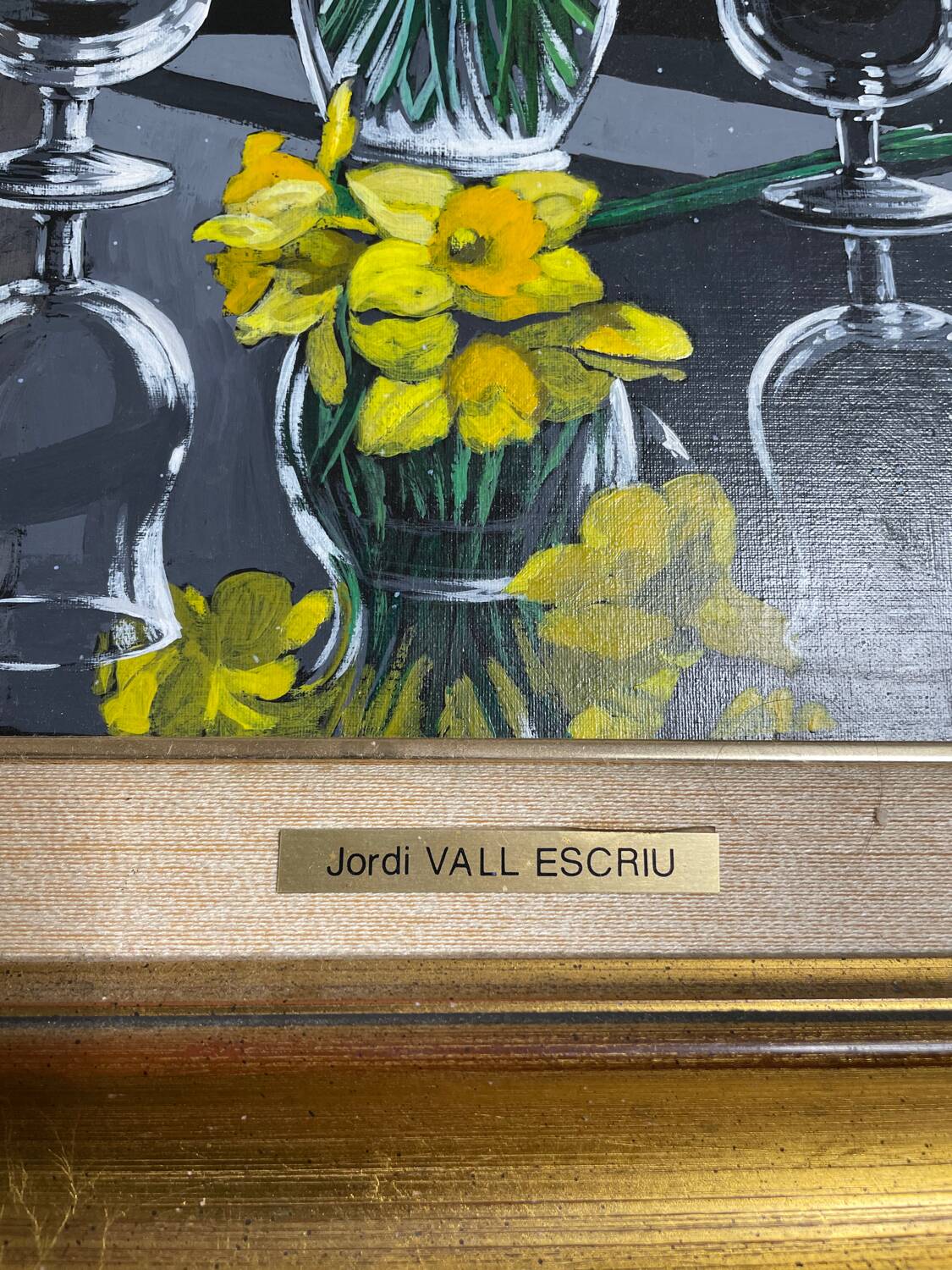 Oil on canvas signed Jordi Vall Escriu Yellow narcissus and two cups