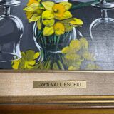 Oil on canvas signed Jordi Vall Escriu Yellow narcissus and two cups