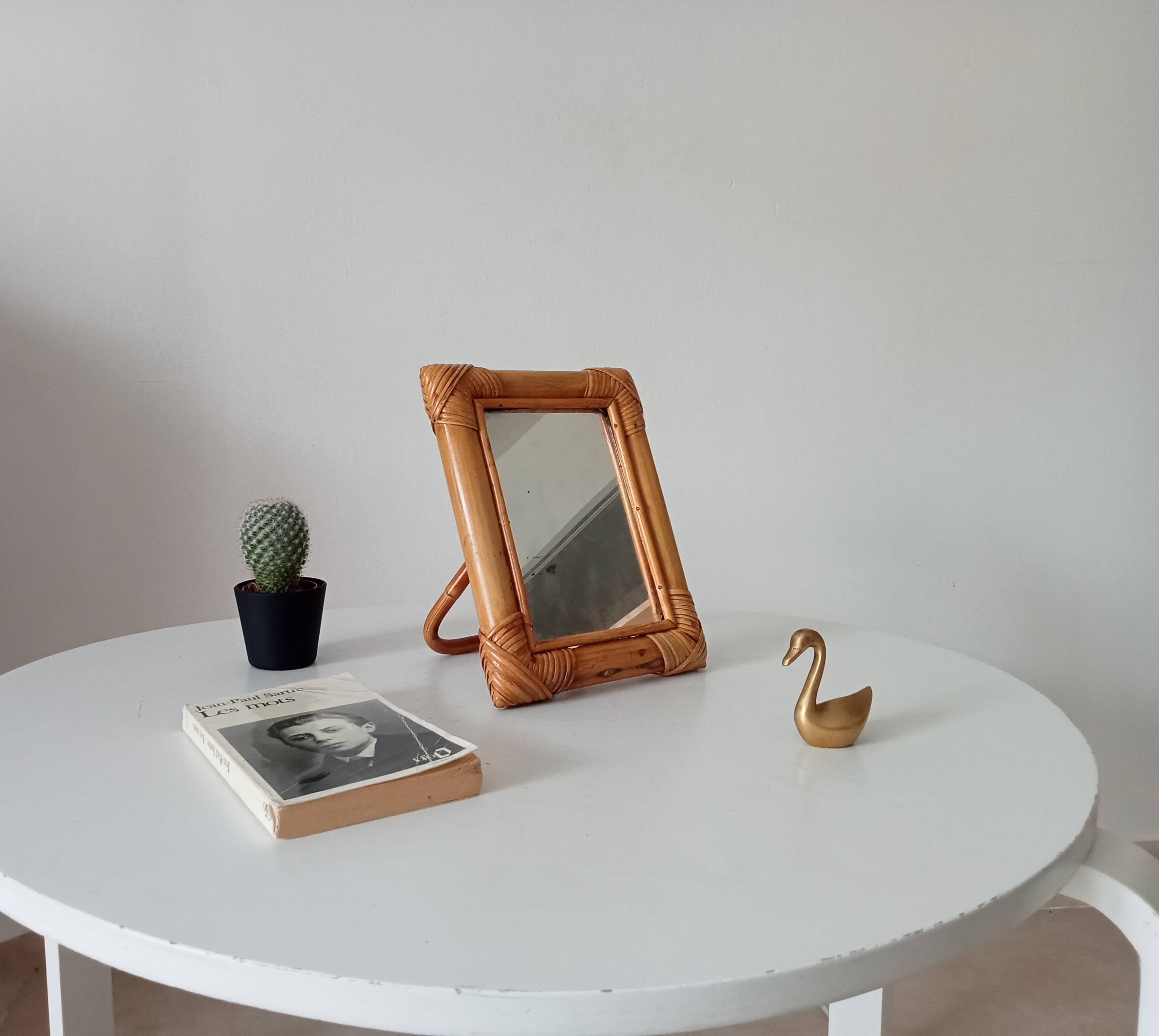 Vintage 1970s rattan tabletop mirror