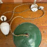 Industrial pendant light, mounted and lowered, green metal + vintage porcelain
