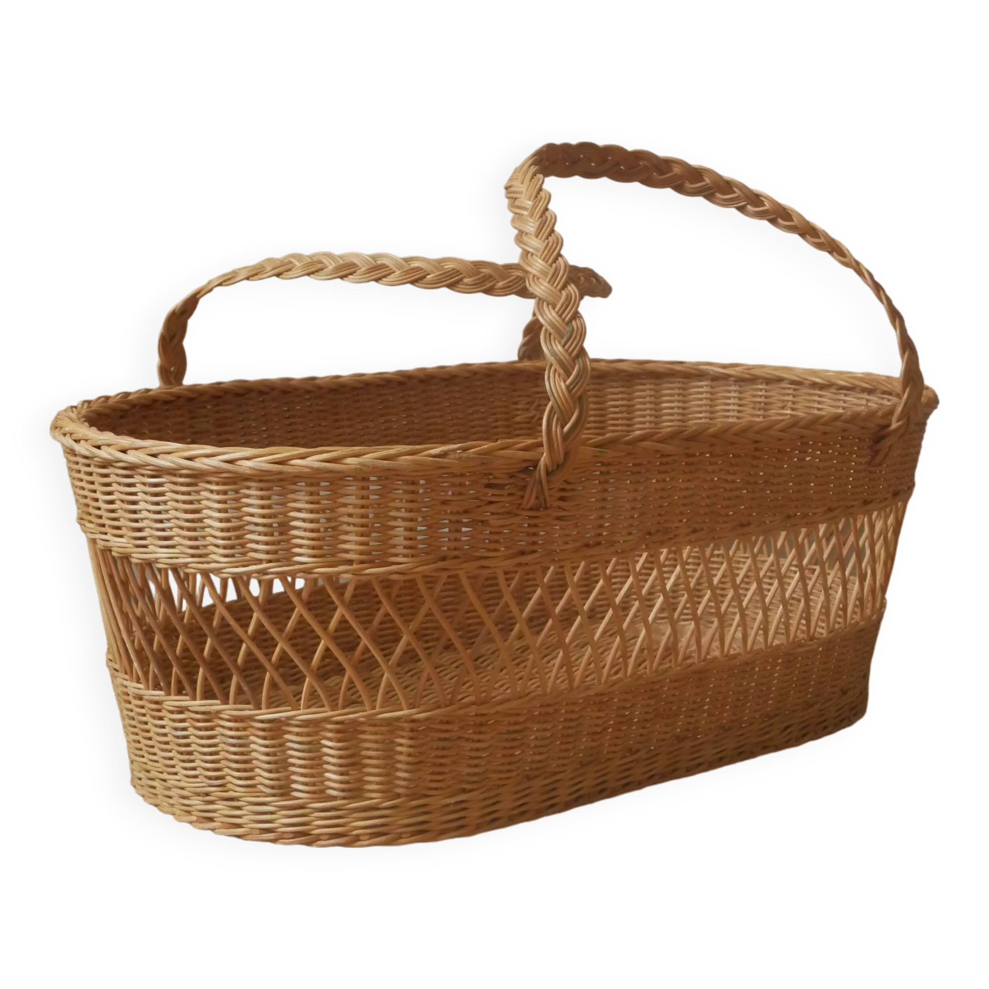 Vintage Moses cradle basket woven wicker handcrafted Scandinavian decoration rattan
