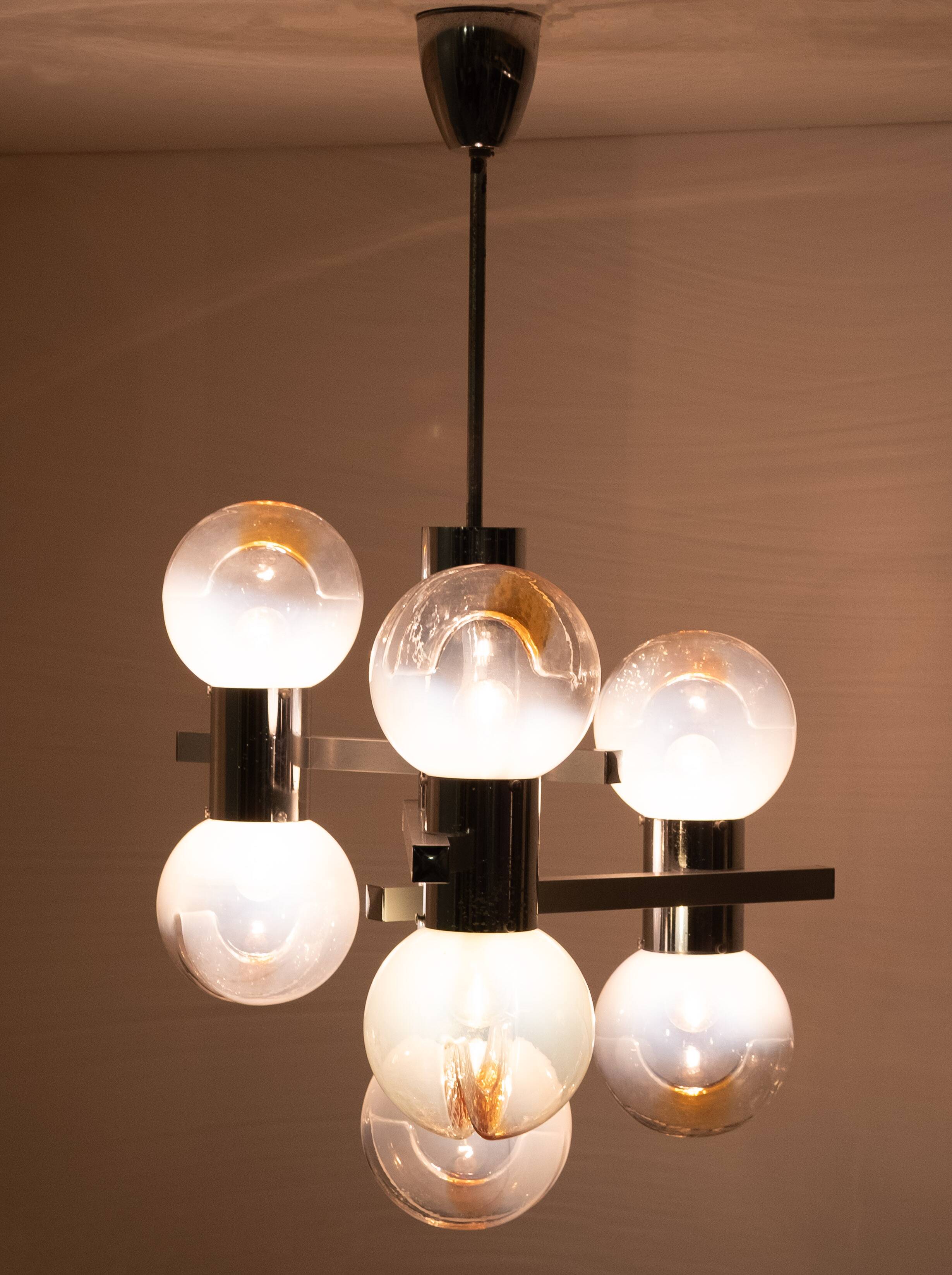 Mazzega Murano Chandelier / Space Age Glass Pendant Light 1970s Italy