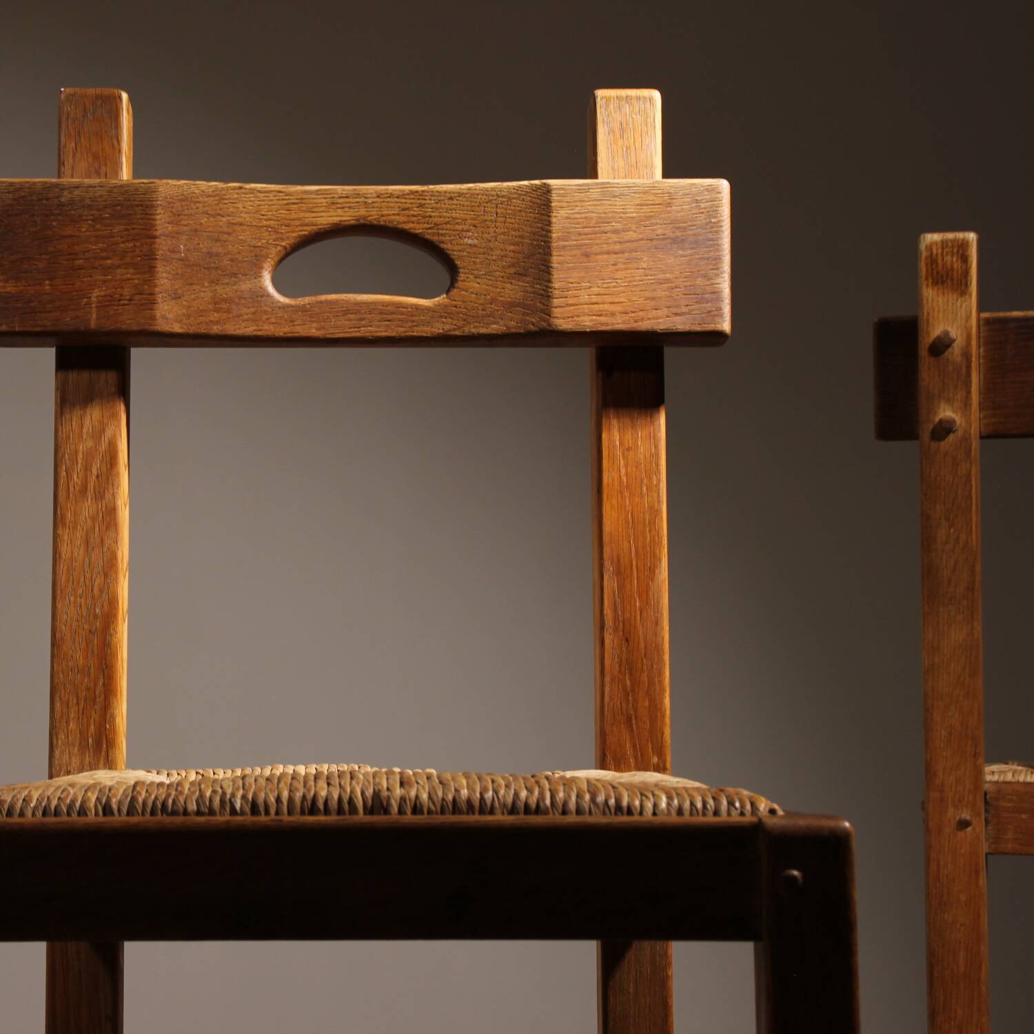 Brutalist Pair of Oak & Rush Chairs | Europe 1960s