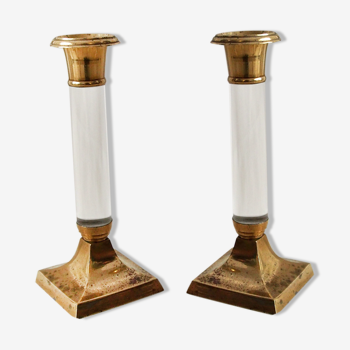 Pair of candlesticks in lucite and brass