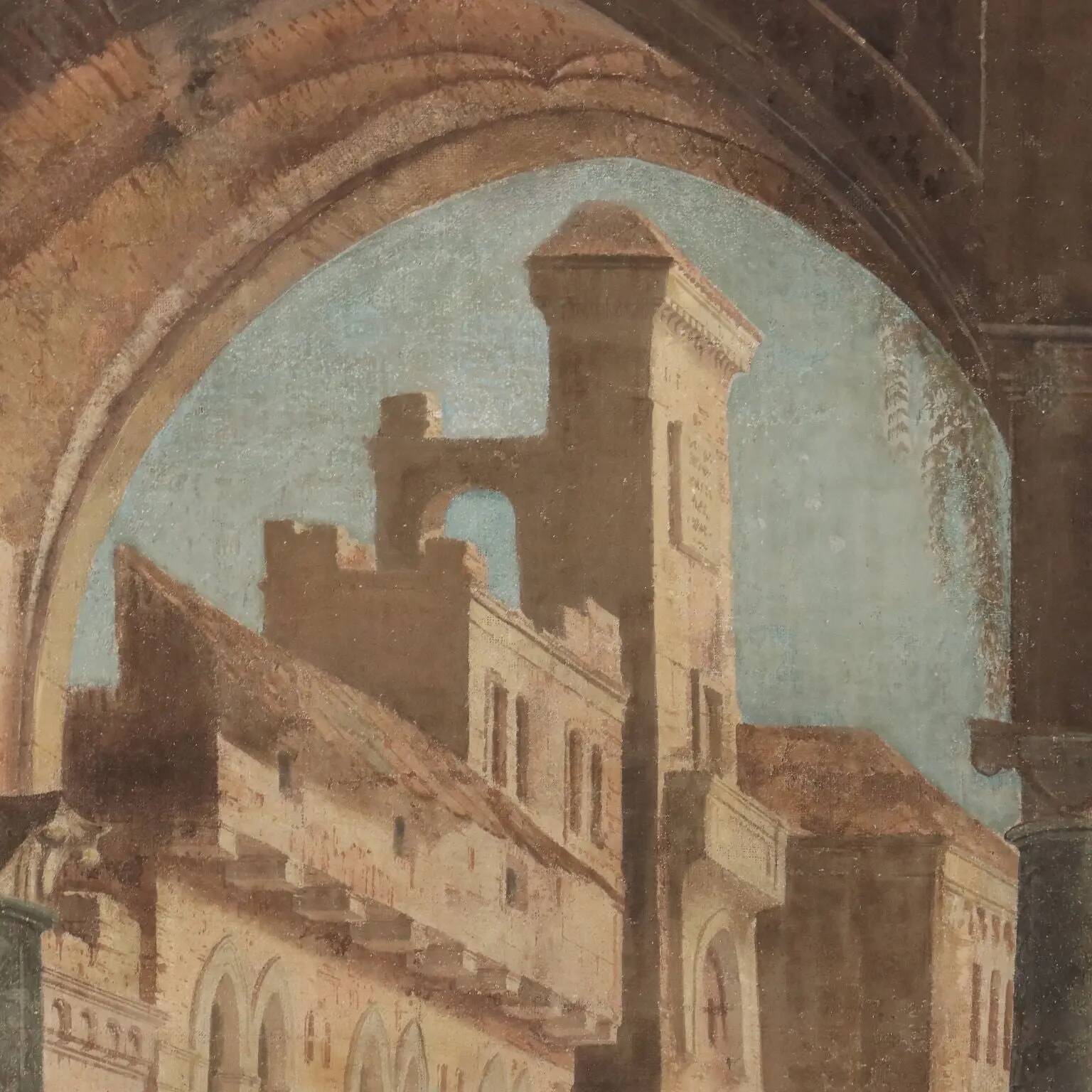 Large ancient architectural painting in tempera on canvas from the 18th century.