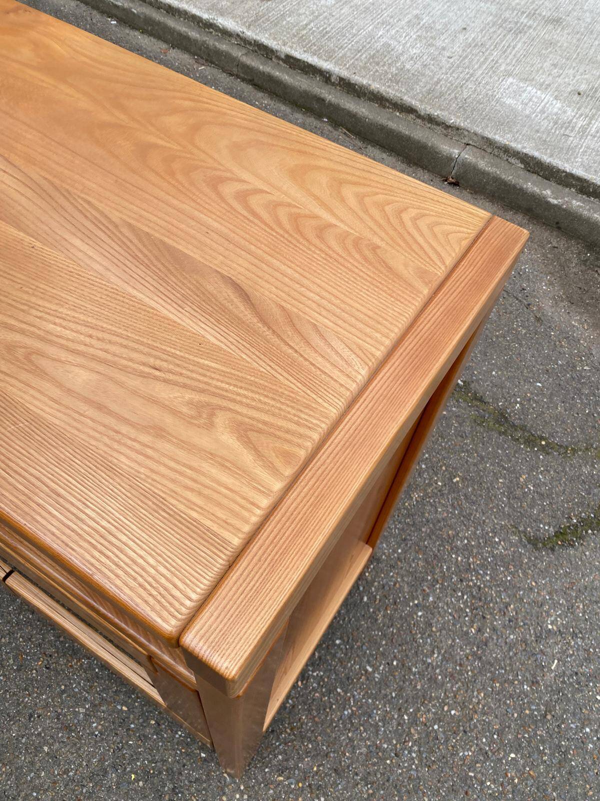 Glass-fronted Scandinavian oak sideboard from the 1980s.