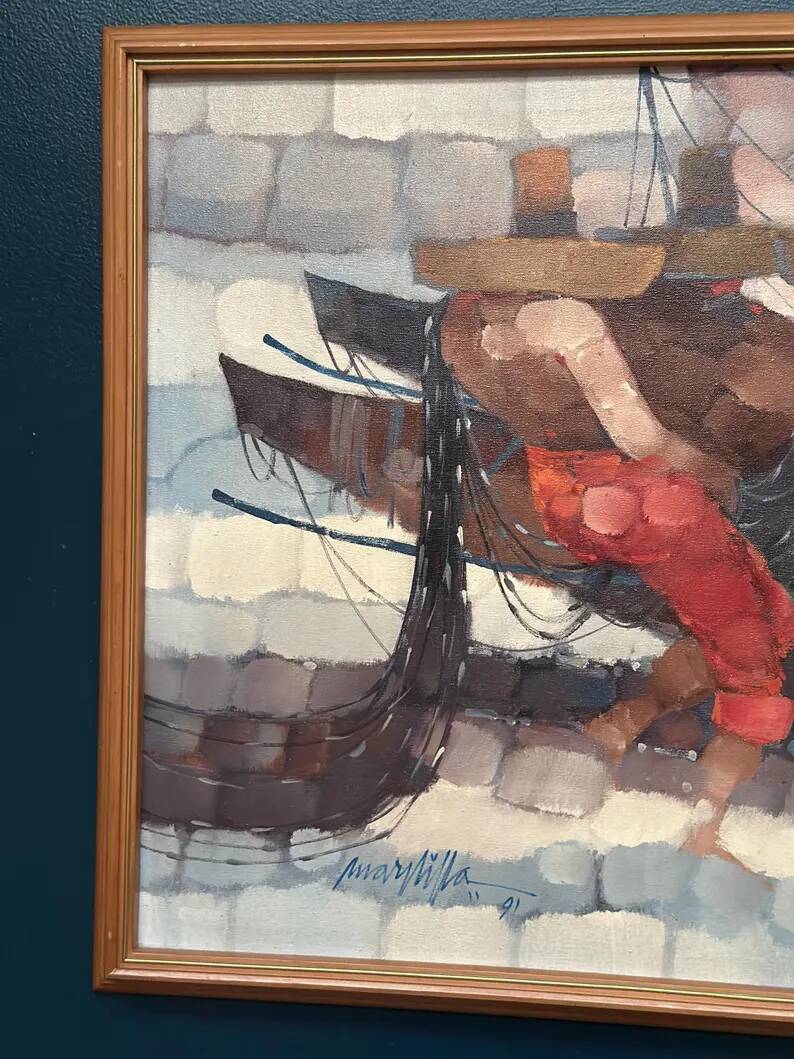 Swedish Oil on Panel"Fishermen" by Marylilla , Vintage and Framed