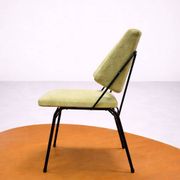 Vintage 1950s chair in black metal and almond green fabric.