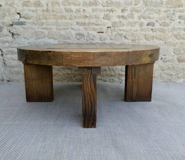 Table basse brutaliste en bois massif et carreaux de grès, vers 1960