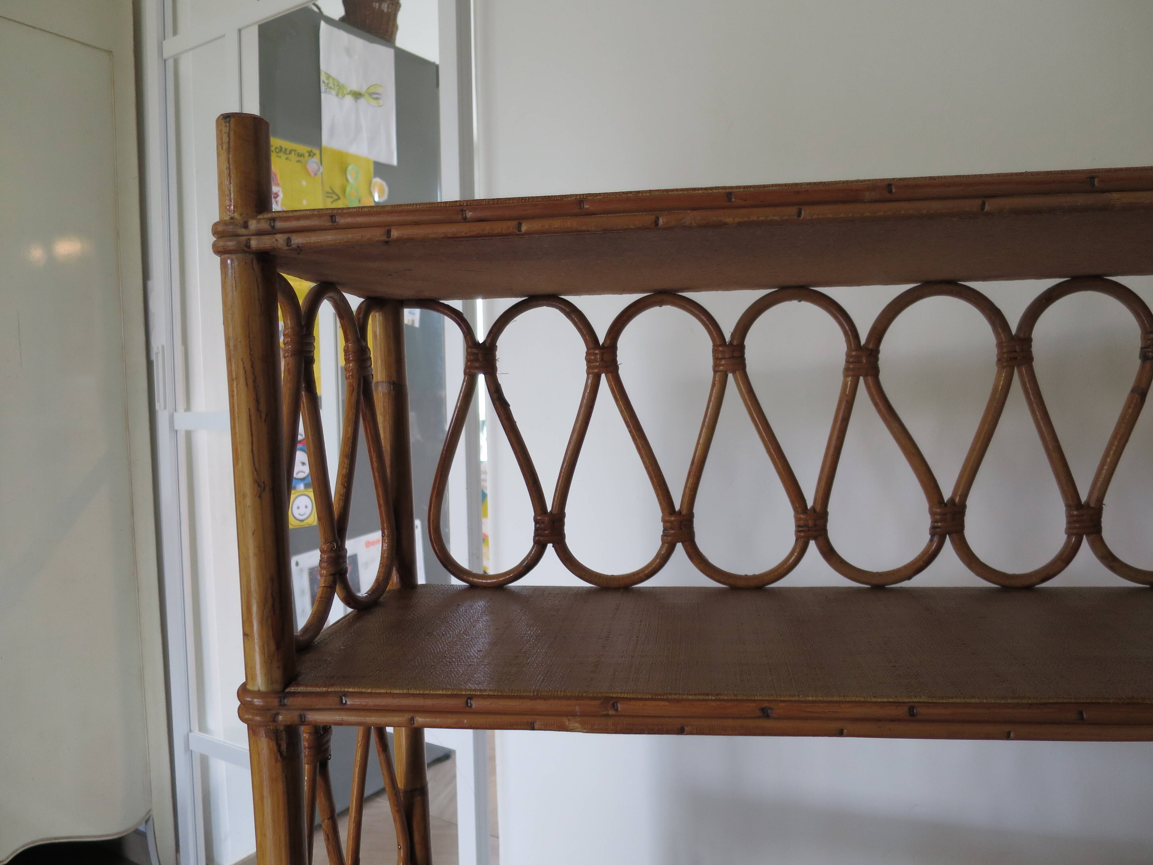 Wooden and rattan bookcase, 1970s-1980s