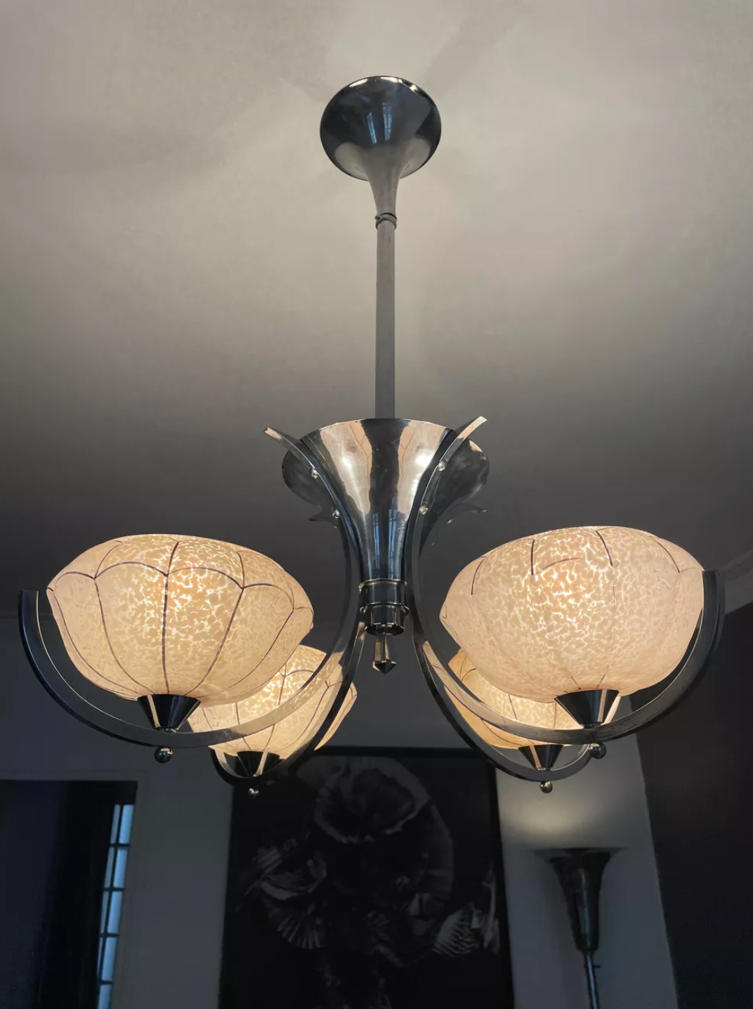 Vintage art deco chandelier, chrome and pink glass, vintage 1930