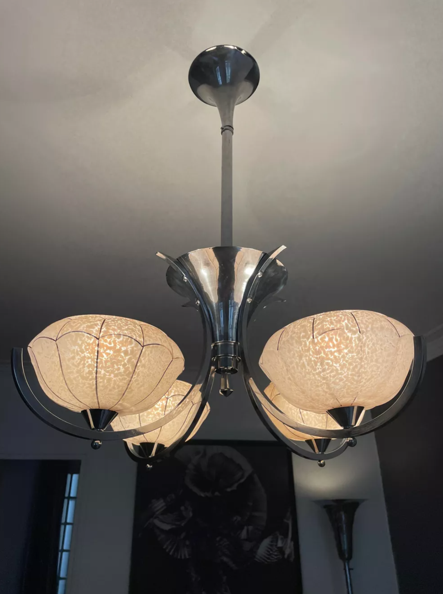 Vintage art deco chandelier, chrome and pink glass, vintage 1930