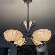 Vintage art deco chandelier, chrome and pink glass, vintage 1930