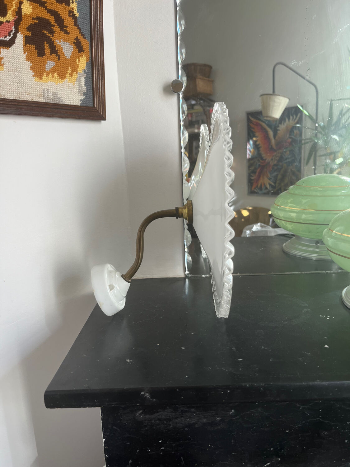 Antique white opaline wall light with a swan neck.