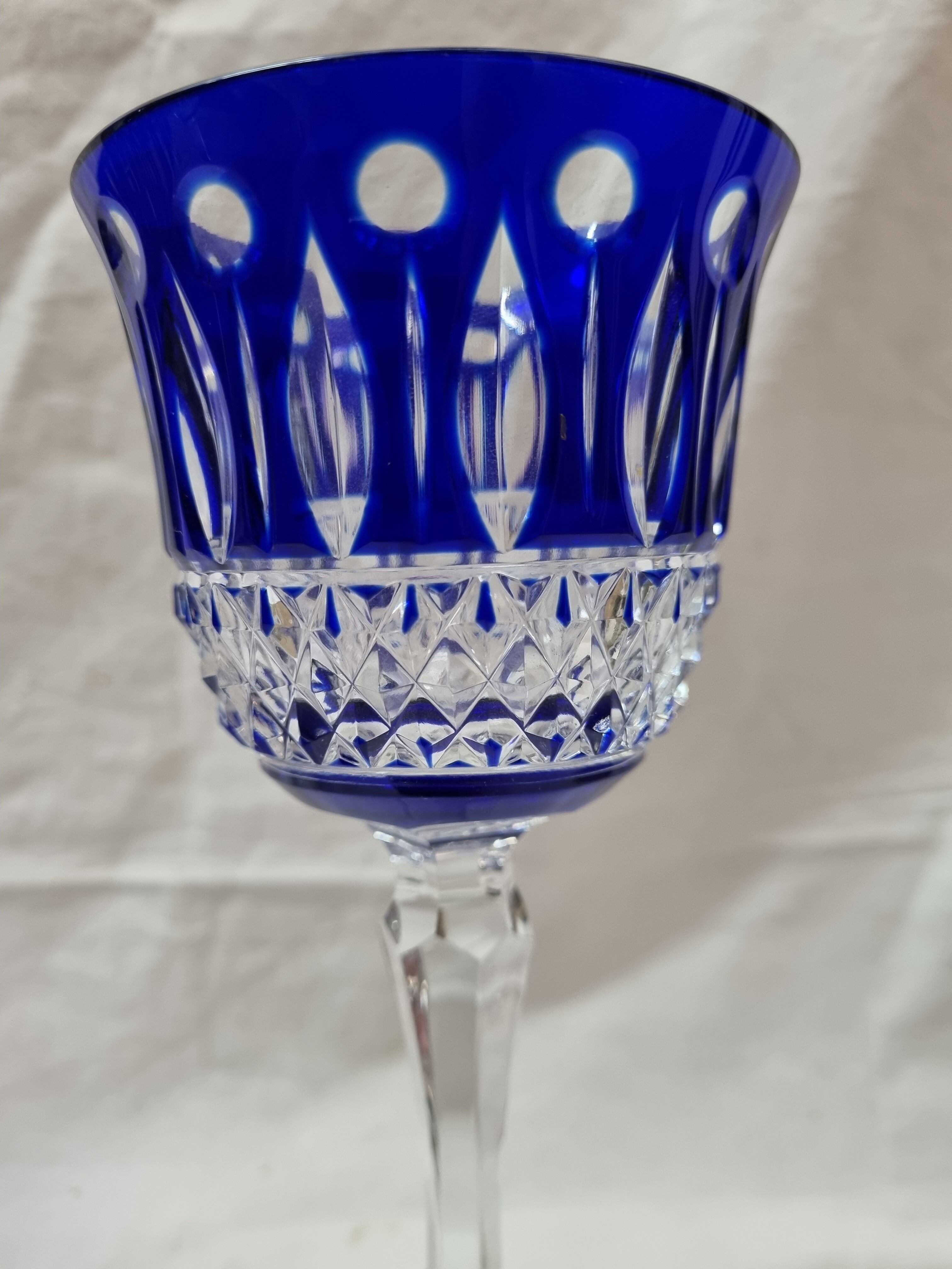 6 crystal blue foot glasses St Louis, 1970-80