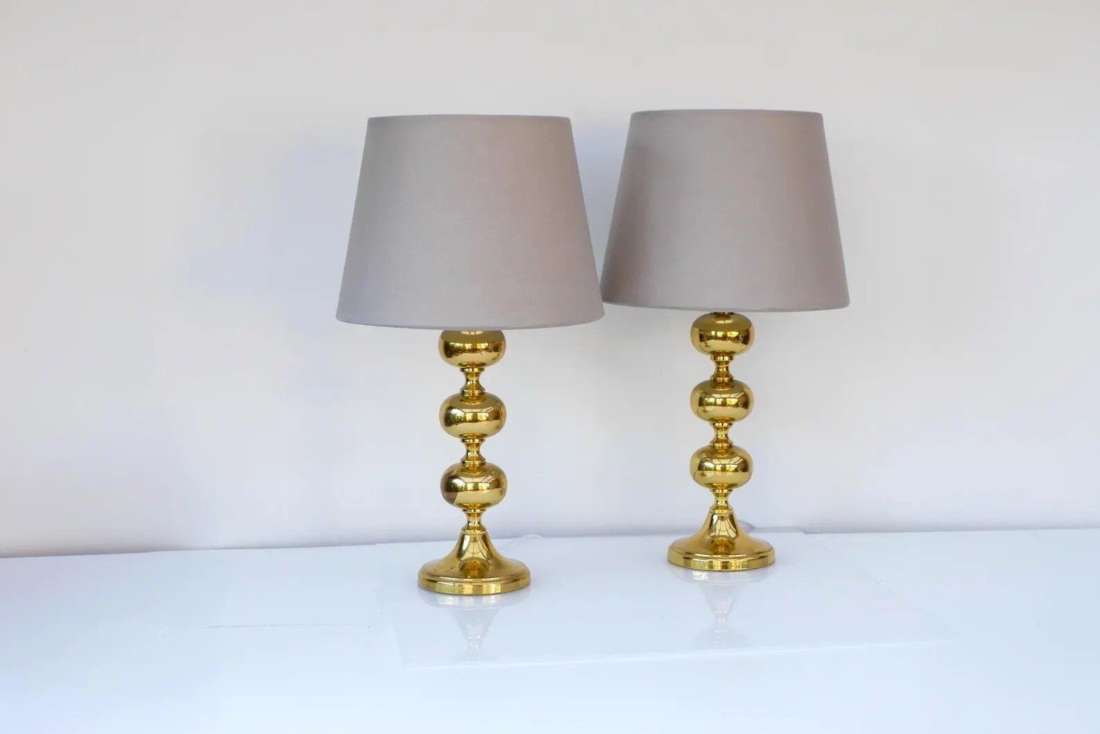 Scandinavian modern space age brass table lamps from Nafa, Sweden, 1970s, set of 2