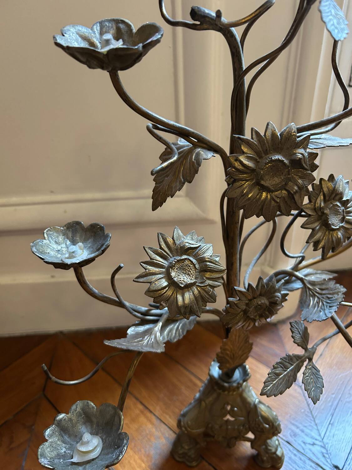 Antique metal candlestick with floral decoration – Mexico