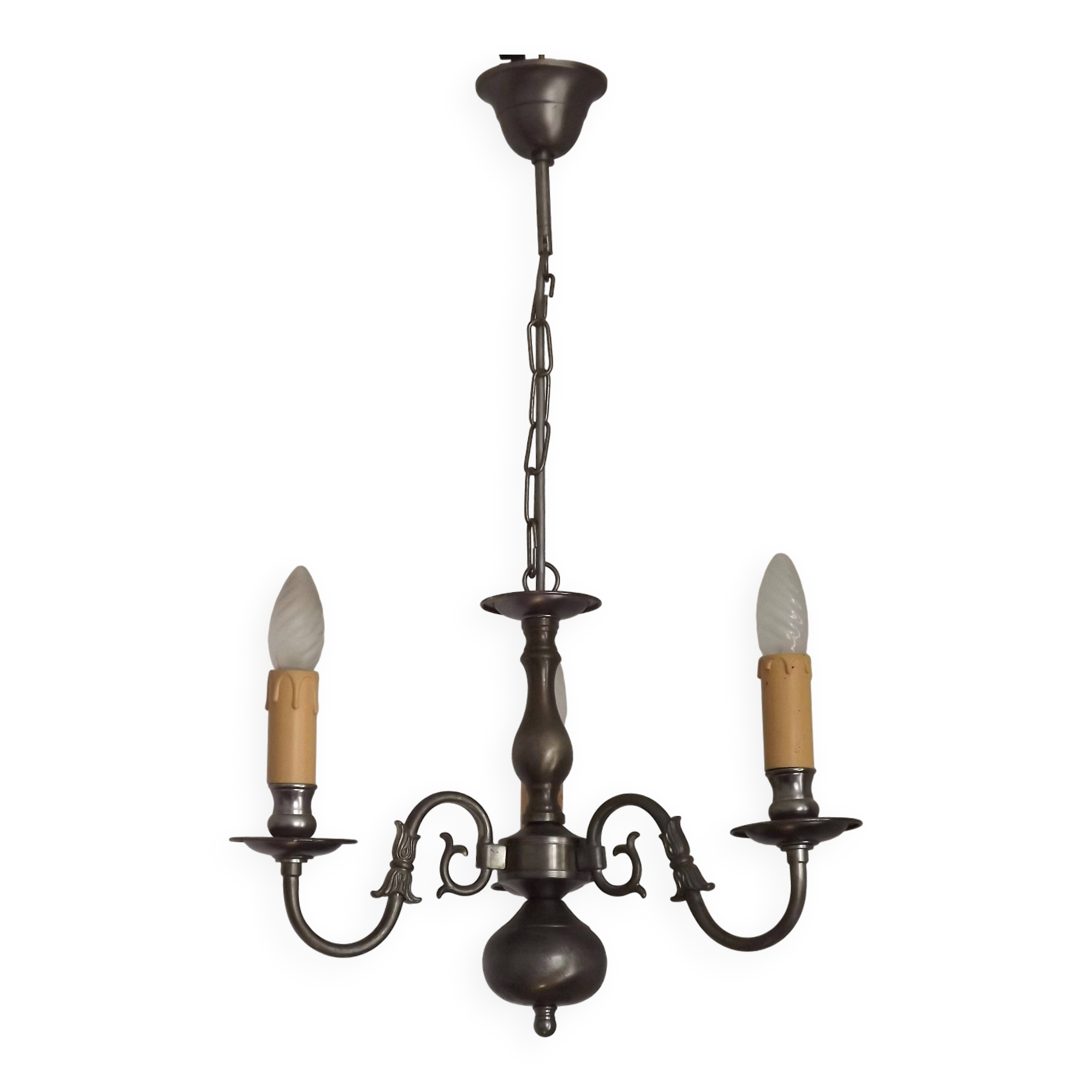 Italian Vintage Silver Brushed Metal 3 Light Flemish Style Chandelier