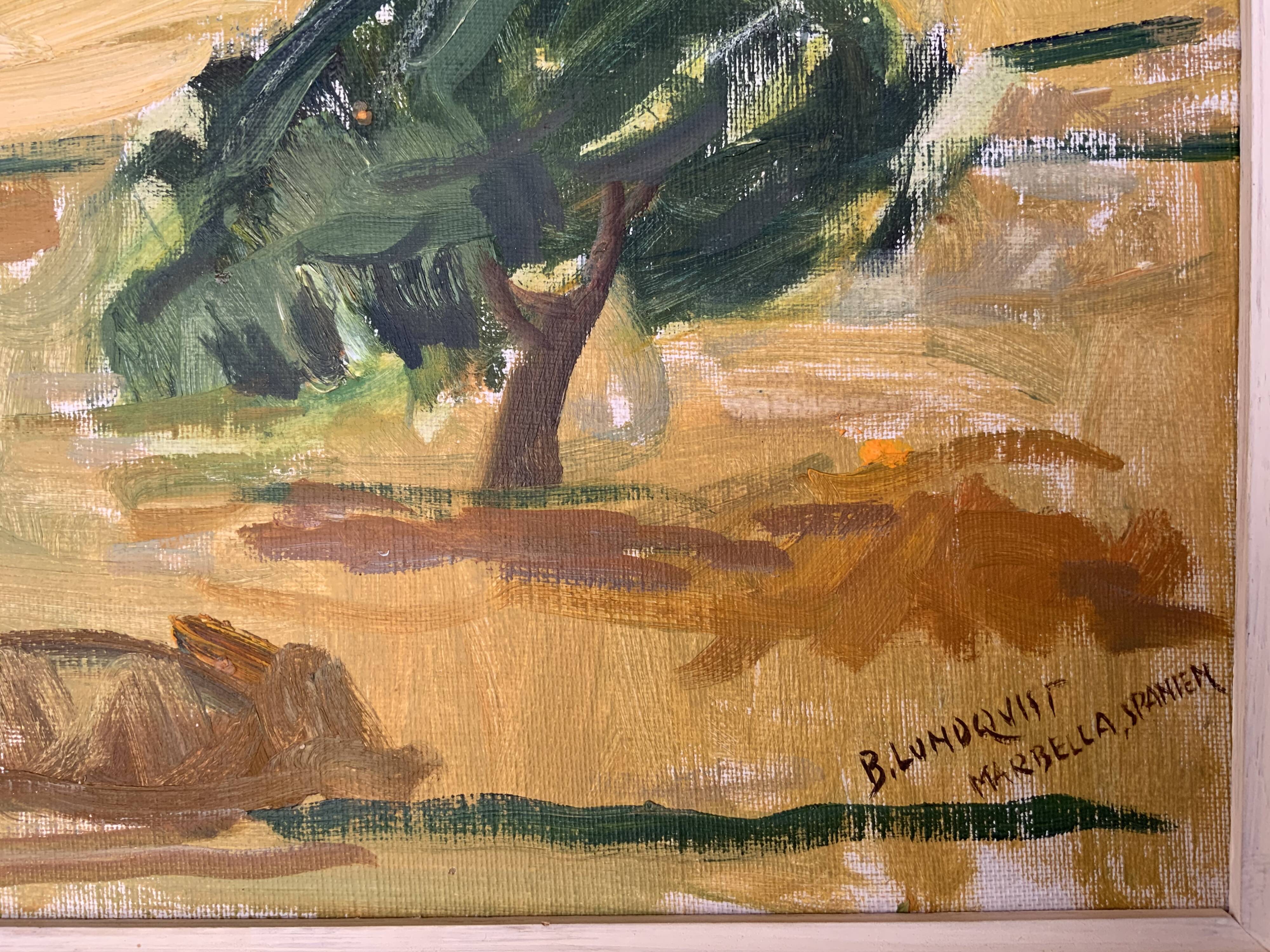 Peinture à l’huile de paysage impressionniste suédois du milieu du 20e siècle « Marbella » années 1960