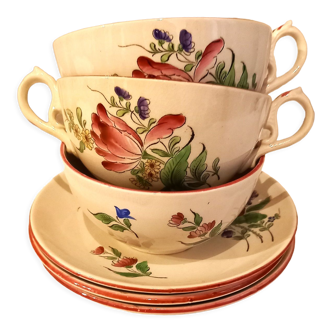 Set of 3 breakfast of the porcelain service Lunéville flowers, early twentieth century