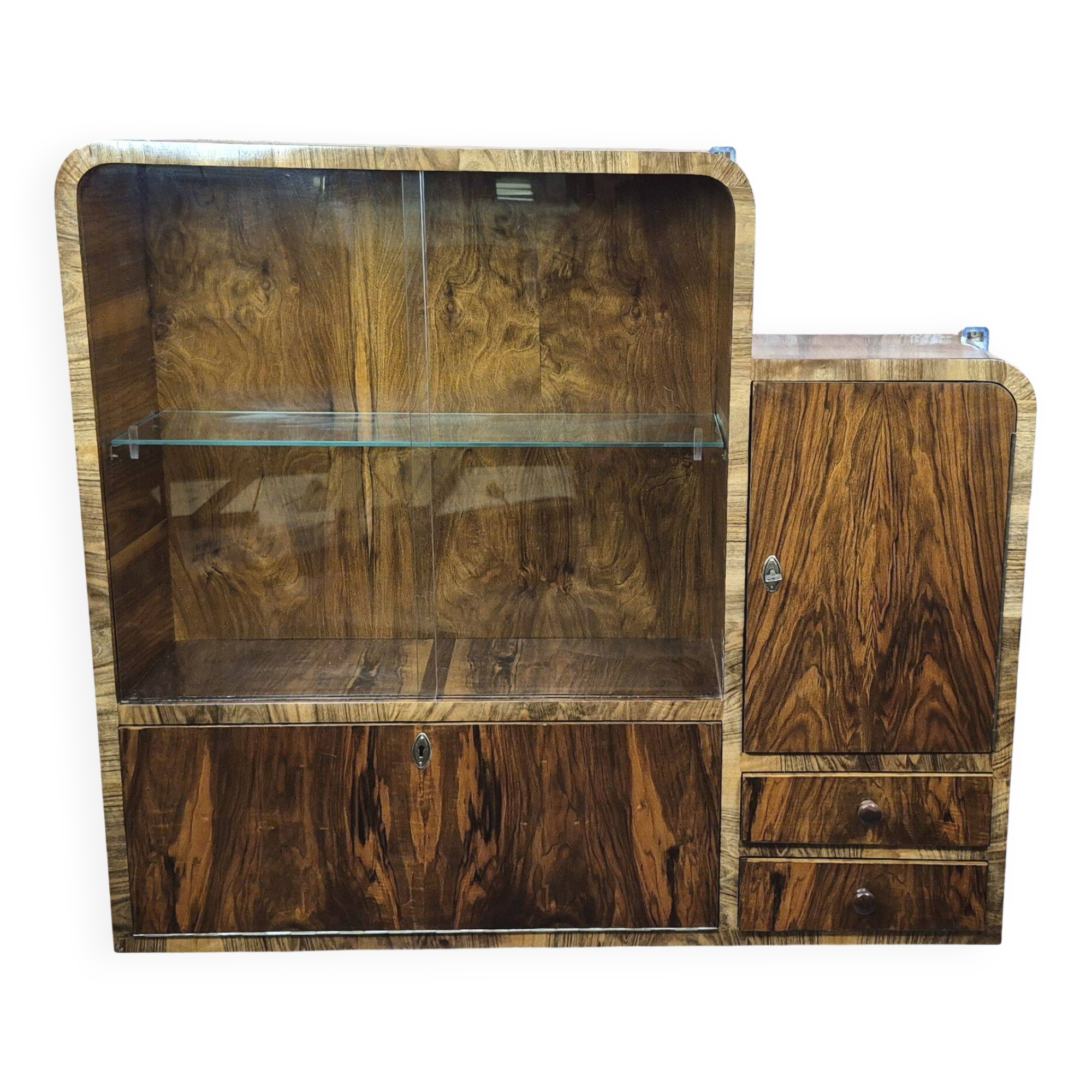 Vitrine Art Déco en noyer rénovée avec bar, rétro, vintage, années 40