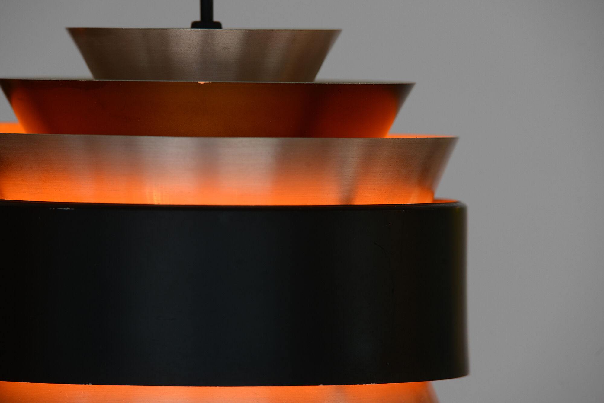 Pair of layered pendant lights in brushed aluminum. Denmark 1960s