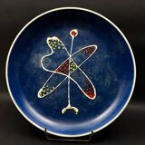 Large decorative dish signed André Baud, diameter 37 cm, enamelled decoration on a deep blue background