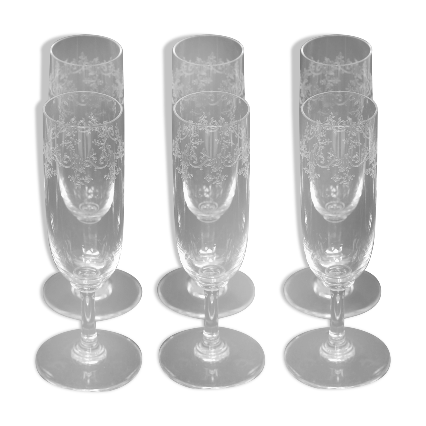 Suite of 6 Baccarat crystal flutes, model Sévigné, signed